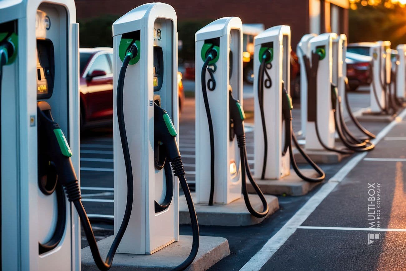 A row of electric vehicle charging stations at sunset, ready for charging vehicles.