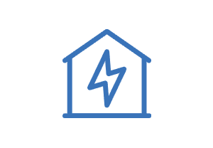 Ein blaues Symbol eines Hauses mit einem Blitz, das für Strom oder Elektrizität steht.