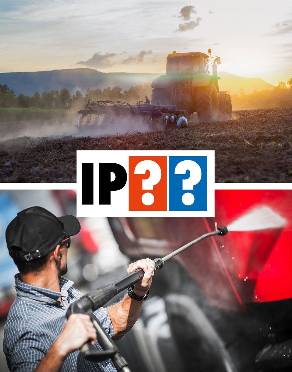 Infographic on IP protection classes - dust protection and water protection for technical devices with example applications in agriculture and high-pressure cleaning.