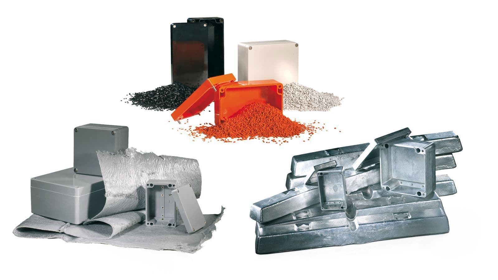 Plastic and aluminum enclosures from MULTI-BOX with raw materials such as granulate, aluminum blocks and coating materials.